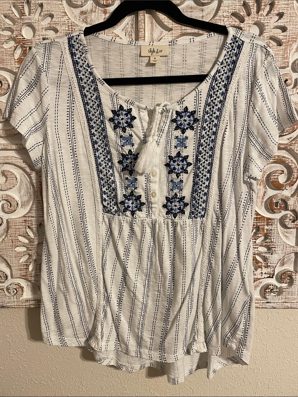 Style & Co. White Tunic Top with Blue Embroidery and Tassel